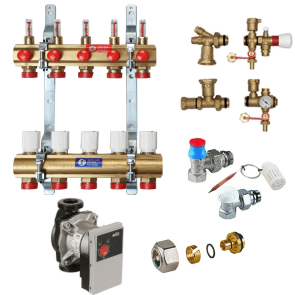 Kit distribuitor cu grup de pompare Giacomini, 7 circuite, 1 tol x 3/4 tol