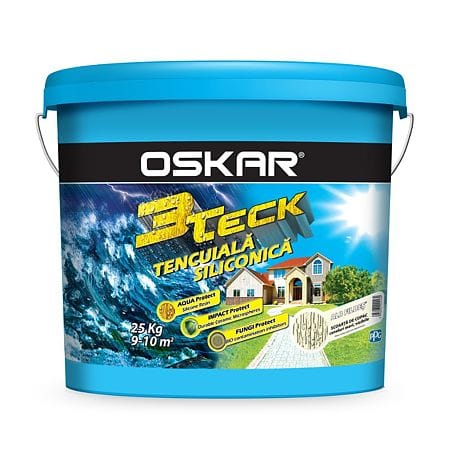 Tencuială decorativă siliconică Oskar 3Teck, 2,5 mm scoarță de copac – alb fildeș, 25 kg