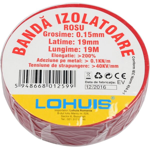 Banda izolatoare electrica PVC Lohuis, rosu, 19 mm, 74 g, rola 19 m