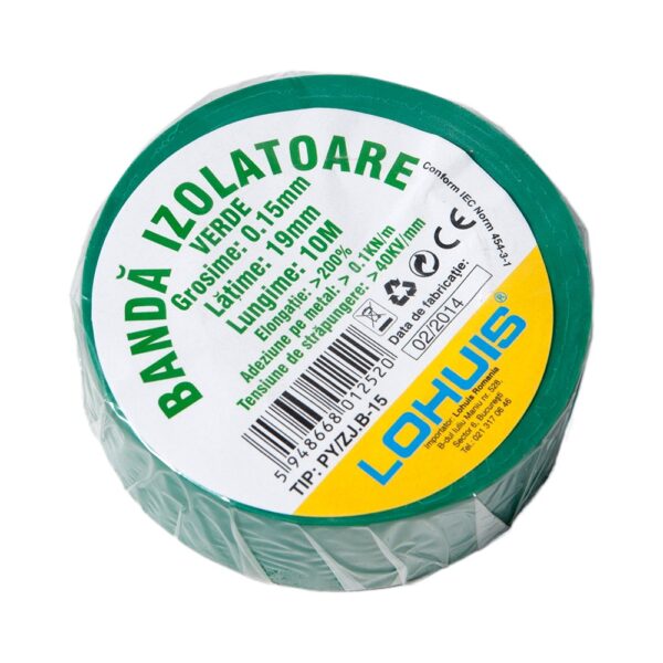 Banda izolatoare electrica PVC Lohuis, verde, 19 mm, 40 g, rola 10 m