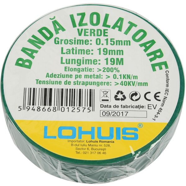 Banda izolatoare electrica PVC Lohuis, verde, 19 mm, 74 g, rola 19 m