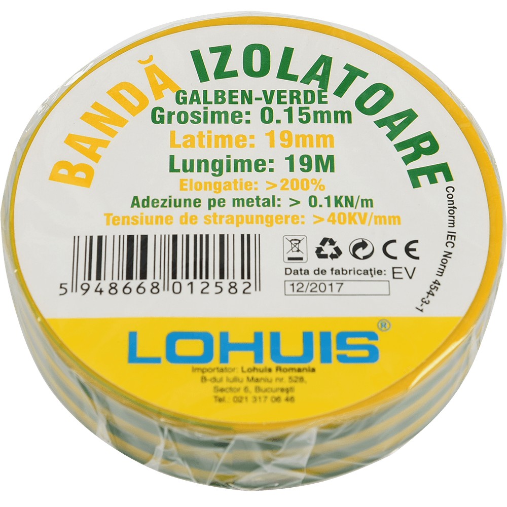 Banda izolatoare electrica PVC Lohuis, verde - galben, 19 mm, rola 19 m Banda izolatoare electrica PVC Lohuis, verde - galben, 19 mm, rola 19 m