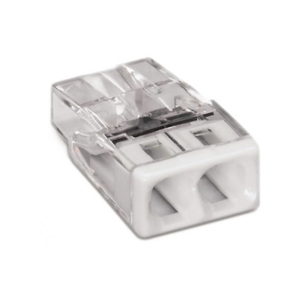 Conector imbinare Wago Push Wire, pentru conductori unifilari, 2 x 2.5 mmp, 10 A, transparent, 40 bucati Conector imbinare Wago Push Wire, pentru conductori unifilari, 2 x 2.5 mmp, 10 A, transparent, 40 bucati