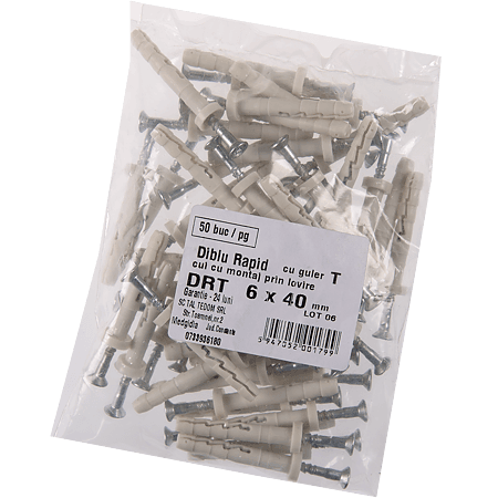 Diblu rapid T din plastic, cu surub din otel zincat, 6 x 40 mm, pentru gips-carton