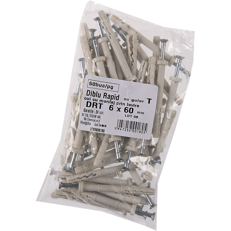 Diblu rapid T din plastic, cu surub din otel zincat, 6 x 60 mm, pentru gips-carton