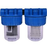Filtru triplex în 2 trepte: sită, polipropilenă și cărbune activ, 5", racord 1"