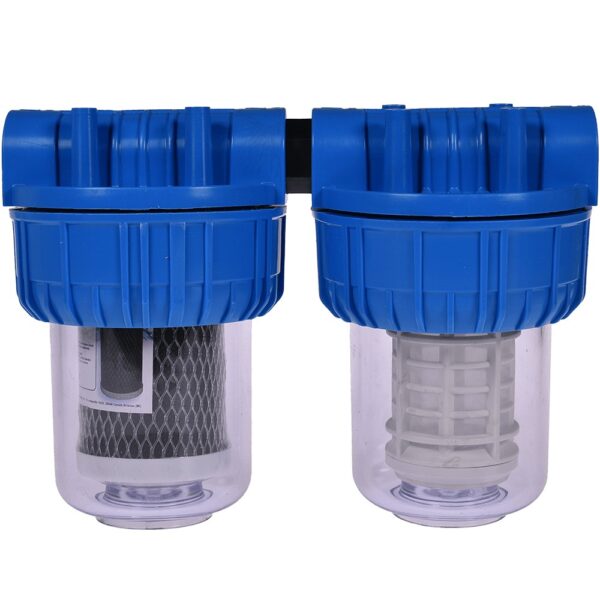 Filtru triplex în 2 trepte: sită, polipropilenă și cărbune activ, 5", racord 1"