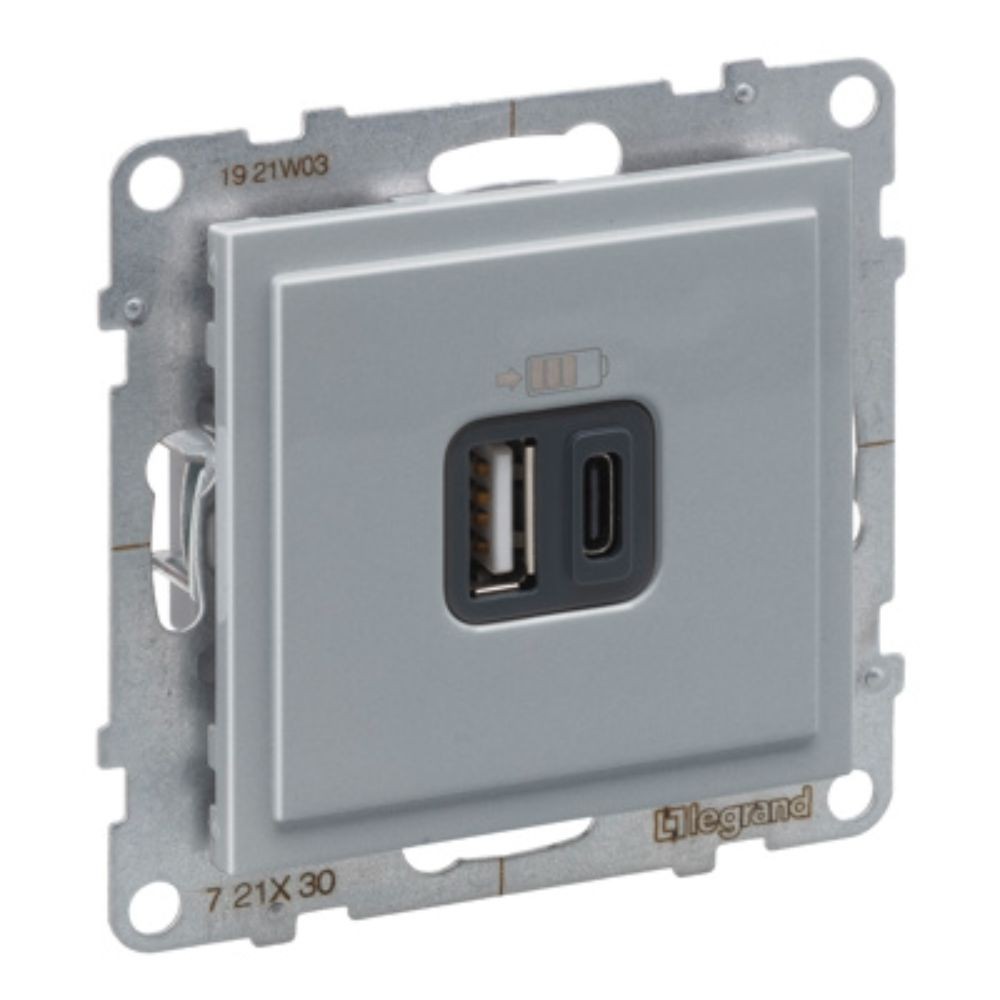 Încărcător USB dublu tip A+C, Legrand New Suno L721330, aluminiu Încărcător USB dublu tip A+C, Legrand New Suno L721330, aluminiu