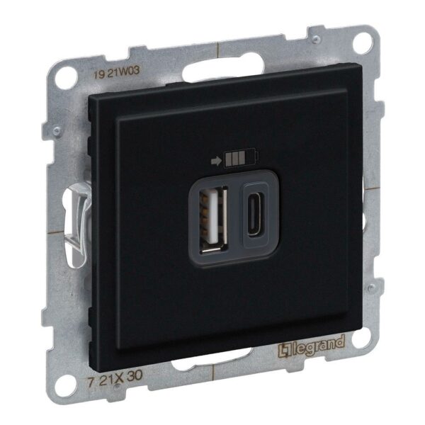 Încărcător USB dublu tip A+C, Legrand New Suno L721430, negru