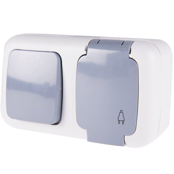 Întrerupător simplu + priză Elegant, Comtec MF0012-85800, gri, montaj aparent, IP54
