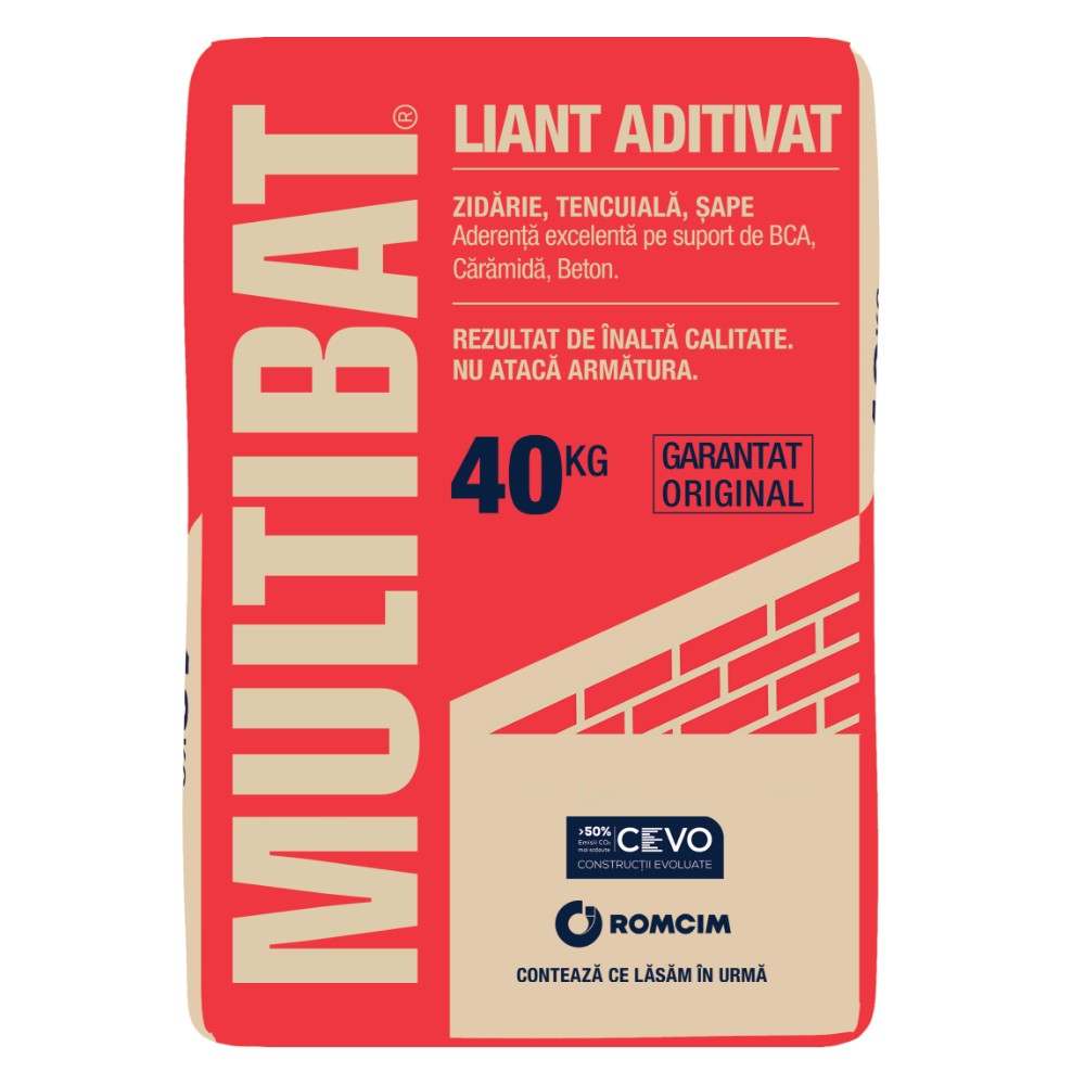 Liant aditivat Romcim Multibat pentru tencuiala si zidarie, 40 kg Liant aditivat Romcim Multibat pentru tencuiala si zidarie, 40 kg
