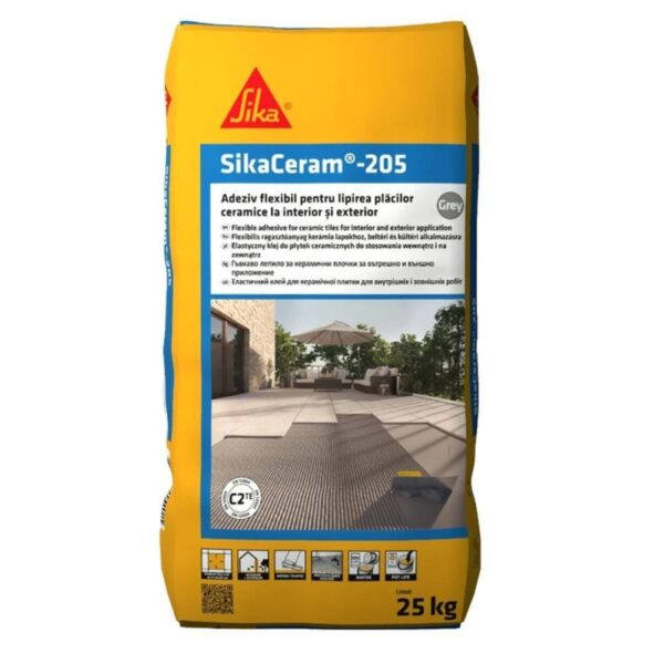 Adeziv flexibil pentru placaje ceramice SikaCeram-205, interior/exterior, gri, 25 kg