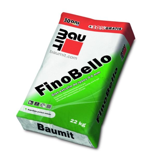 Glet extrafin de ipsos Baumit Fino Bello, pe baza de ipsos, extra alb, interior, 20 kg + 2 kg overfill
