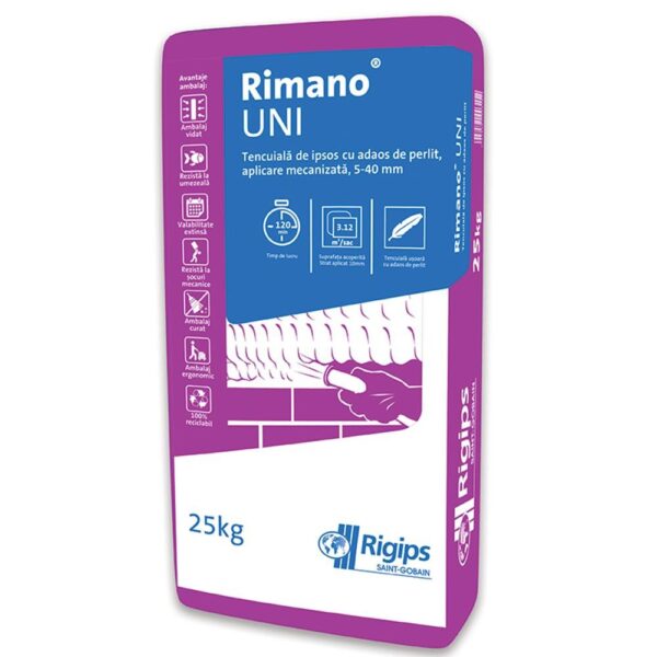 Tencuiala pe baza de ipsos Rigips Rimano Uni, aplicare mecanizata, interior, 25 kg
