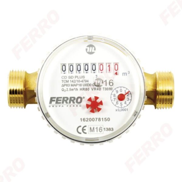 Contor pentru apa Ferro CDSD20ACPLUS, cu racorduri filetate 3/4 inch, DN 20 mm