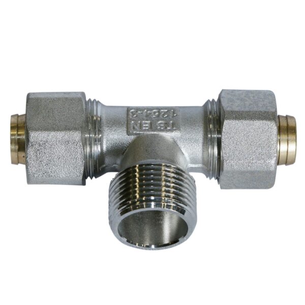 Teu pentru teava multistrat, alama, filet exterior, 20 mm x 3/4 inch x 20 mm, argintiu/auriu