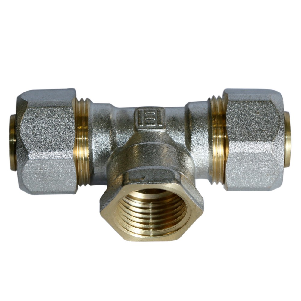 Teu pentru teava multistrat, alama, filet interior, 20 mm x 1/2 inch x 20 mm Teu pentru teava multistrat, alama, filet interior, 20 mm x 1/2 inch x 20 mm