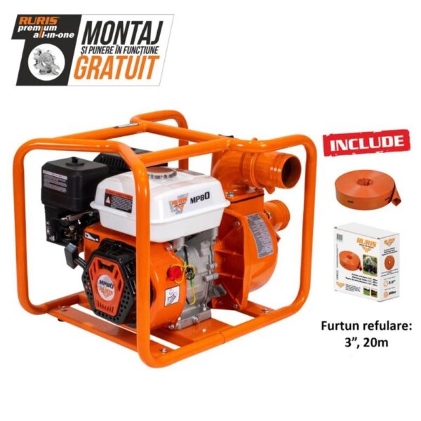 Motopompă apă curată Ruris MP80, benzină 4 timpi, 7 CP, 800 l/min, cu furtun de refulare 20 m