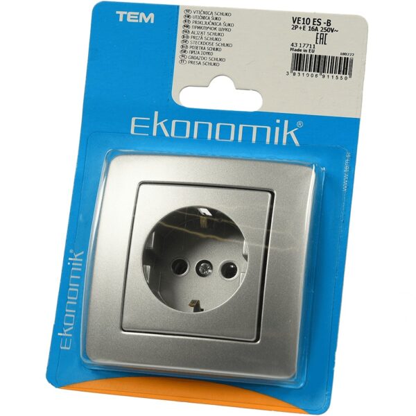Priză electrică simplă TEM Ekonomik, montaj încastrat, argintiu
