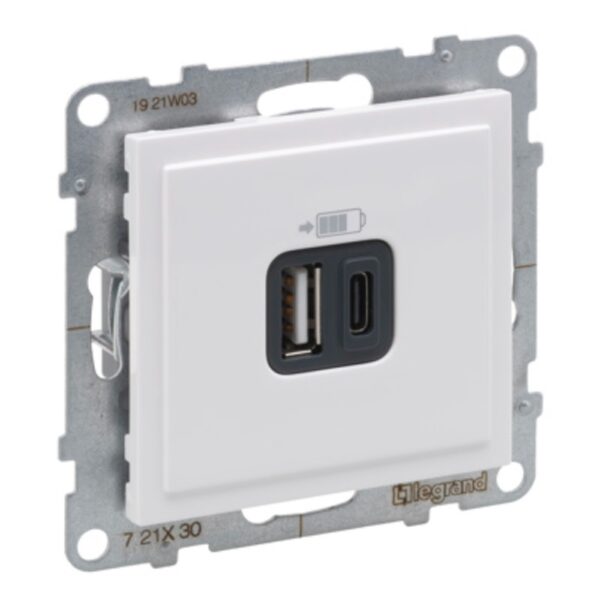 Priză încărcător USB dublu Legrand Suno, TIP A+C, 5 V, alb