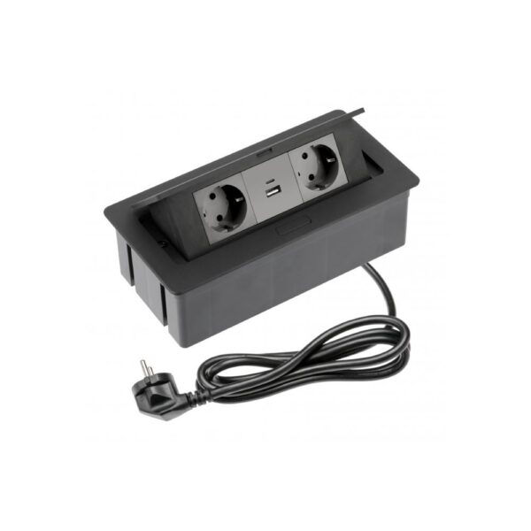 Priză incorporabila GTV, 2 prize schuko x 2 port USB, negru, 110 x 130 x 250 mm