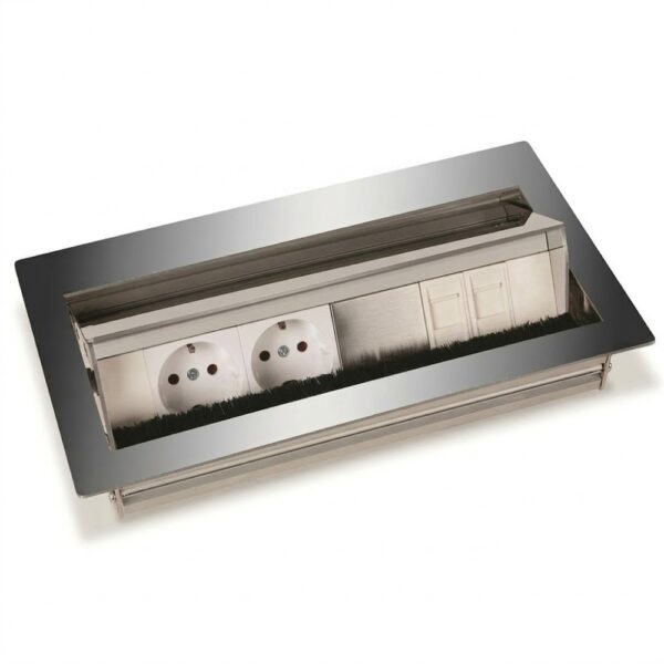 Priza mobilier Spica-304, sistem incorporat, inox, 2 prize + 1 CAT1 + 1 CAT5