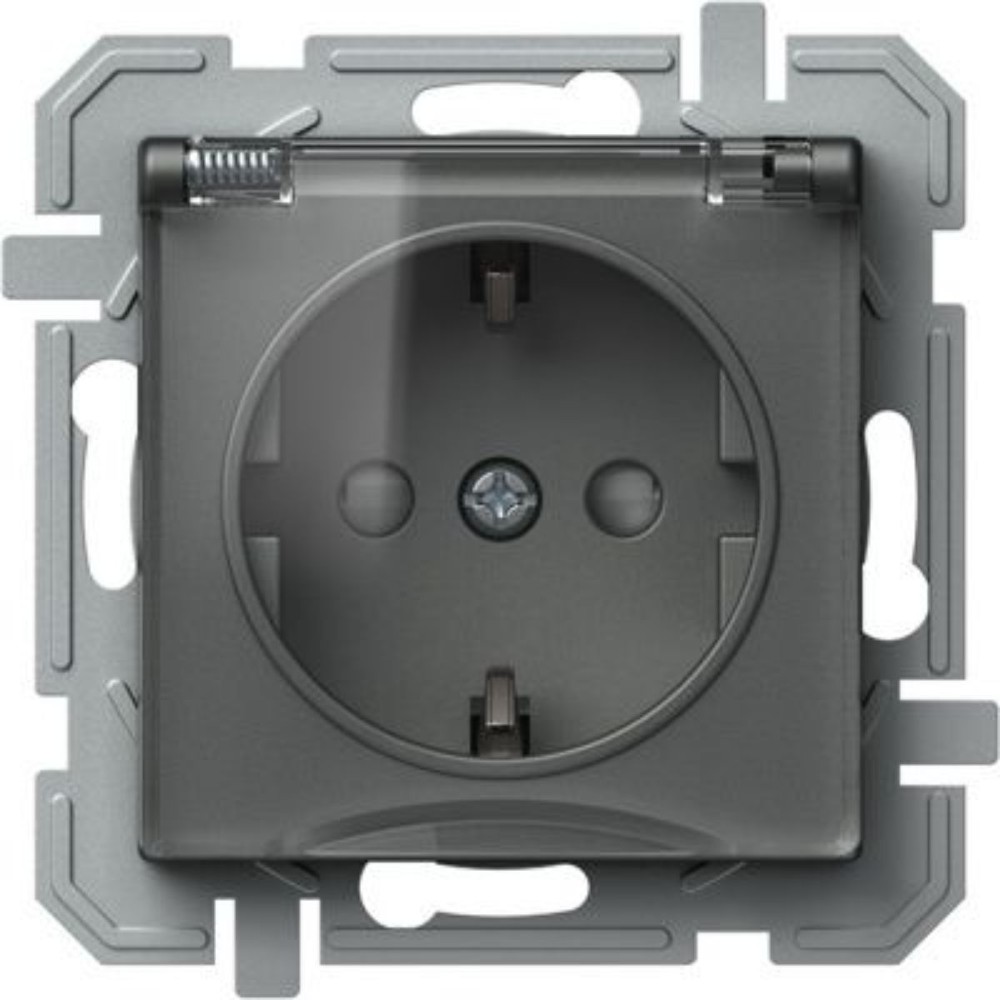 Priză simplă cu capac Tem Schuko, interior, PVC, antracit, 16 A, 250 V Priză simplă cu capac Tem Schuko, interior, PVC, antracit, 16 A, 250 V