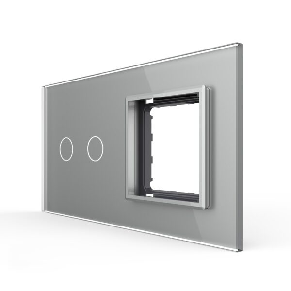 Ramă întrerupător dublu + priză simplă Livolo VL-P702/E-4I, sticlă securizată, argintiu
