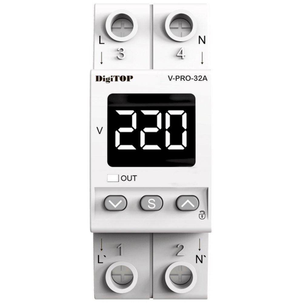 Releu protectie tensiune Digitop V-PRO 32A, monofazat, 32A, afisaj digital, programabil Releu protectie tensiune Digitop V-PRO 32A, monofazat, 32A, afisaj digital, programabil