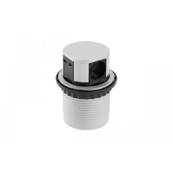 Sistem cilindric de prize incorporabile în birou GTV, 3 prize schuko + 2 USB, aluminiu