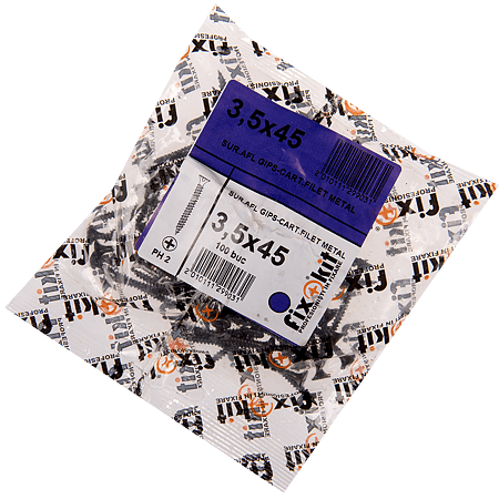 Surub autoforant pentru gips-carton, filet pentru metal, otel fosfatat, 3,5 x 45 mm, 100 buc