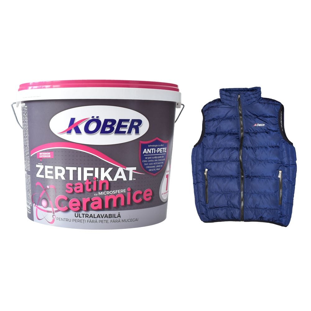Vopsea lavabilă interior/exterior Kober Zertifikat Satin, cu microsfere ceramice, alb, 15 l + vestă cadou Vopsea lavabilă interior/exterior Kober Zertifikat Satin, cu microsfere ceramice, alb, 15 l + vestă cadou