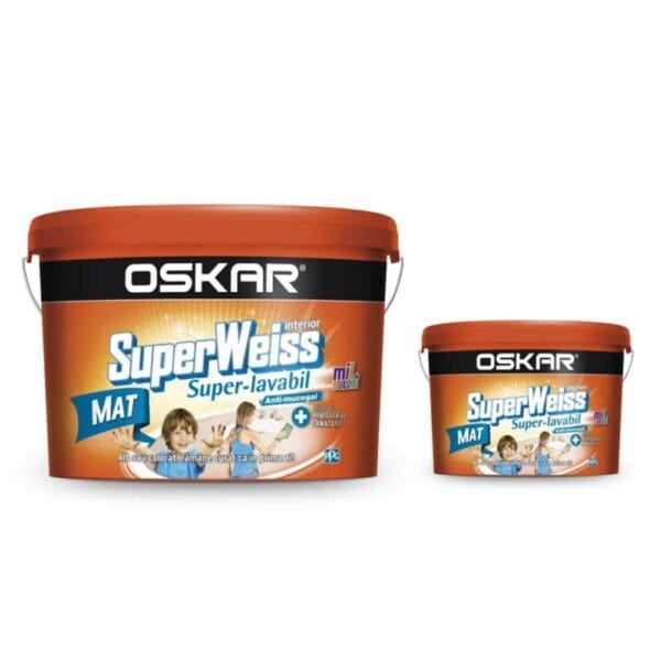 Vopsea superlavabilă de interior Oskar SuperWeiss, anti-mucegai, alb mat, 15 l + 2,5 l