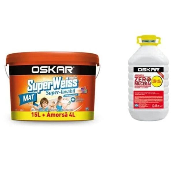 Vopsea superlavabilă de interior Oskar SuperWeiss, anti-mucegai, alb mat, 15 l + 4 l Oskar Amorsă Zero Mucegai