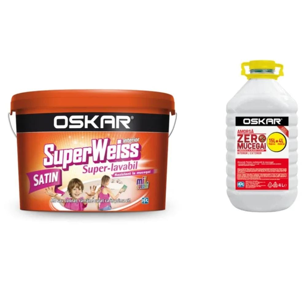 Vopsea superlavabilă de interior Oskar SuperWeiss, rezistentă la mucegai, alb satinat, 15 l + 4 l Oskar Amorsă Zero Mucegai Vopsea superlavabilă de interior Oskar SuperWeiss, rezistentă la mucegai, alb satinat, 15 l + 4 l Oskar Amorsă Zero Mucegai