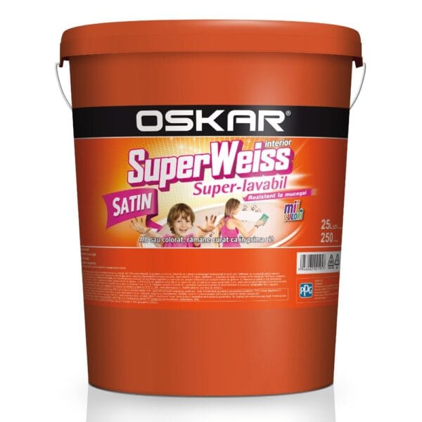 Vopsea superlavabilă de interior Oskar SuperWeiss, rezistentă la mucegai, alb satinat, 25 l