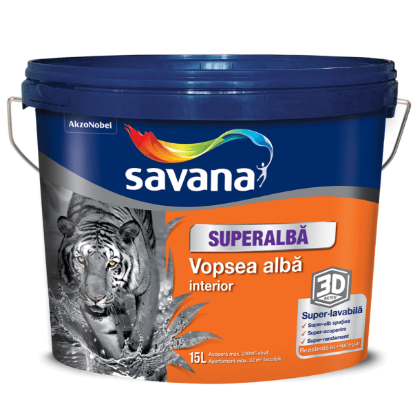 Vopsea superlavabilă interior Savana 3D Activ, rezistentă la mucegai, alb, 15 l
