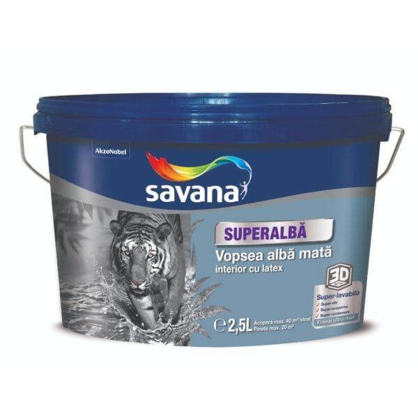 Vopsea superlavabilă interior Savana 3D, cu latex, alb mat, 2,5 l
