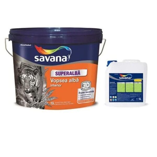 Vopsea superlavabilă interior Savana, rezistentă la mucegai, alb, 15 l + amorsă 4 l