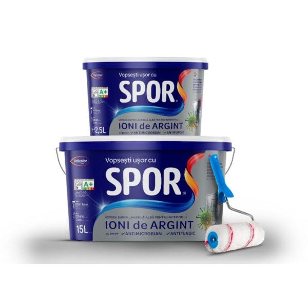 Vopsea superlavabilă interior Spor, cu Ioni de Argint, alb, 15 l + 2,5 l + trafalet