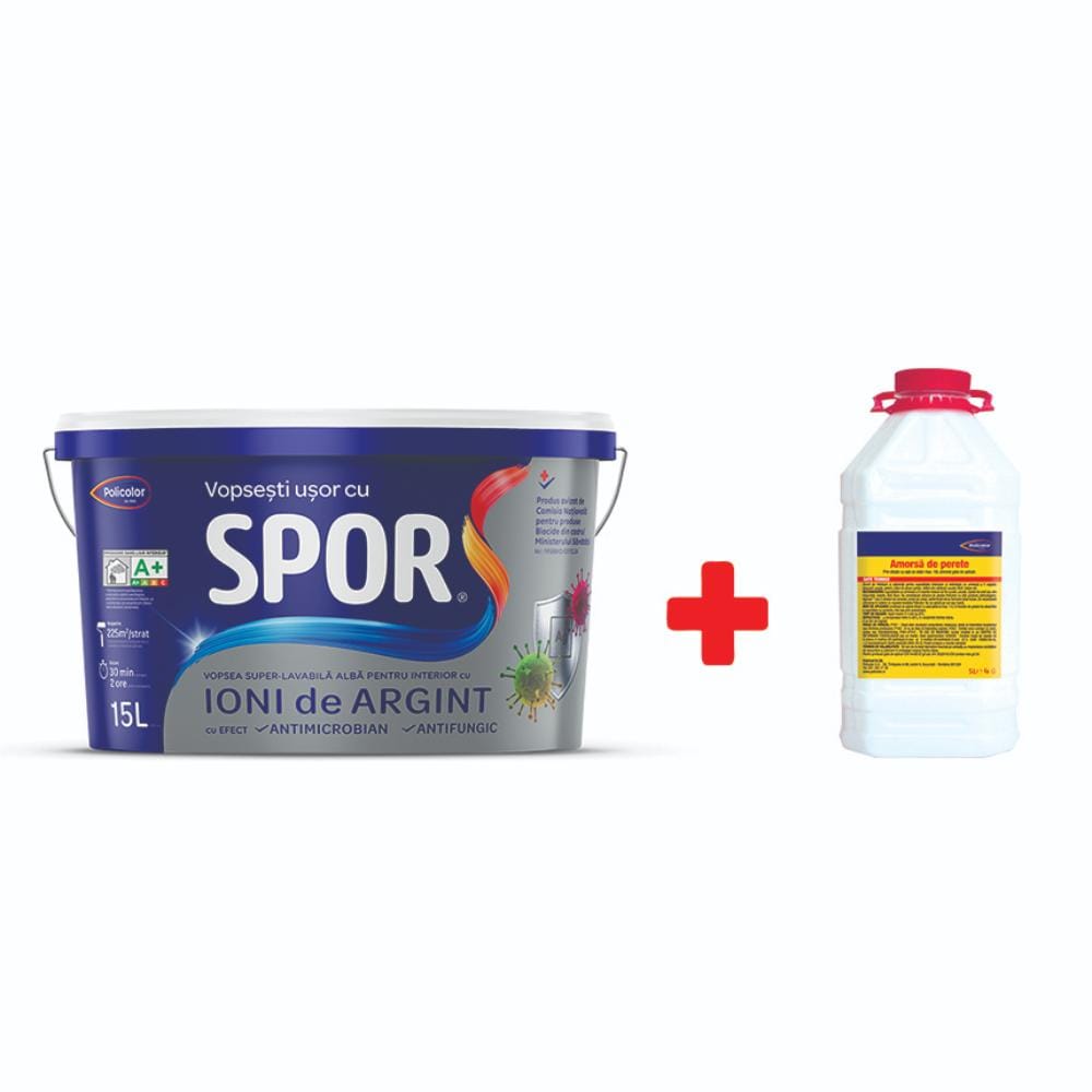 Vopsea superlavabilă interior Spor, cu ioni de argint, alb, 15 l + amorsă 4 l Vopsea superlavabilă interior Spor, cu ioni de argint, alb, 15 l + amorsă 4 l