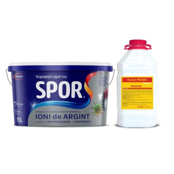 Vopsea superlavabilă interior Spor, cu ioni de argint, alb, 15 l + amorsă 5 l