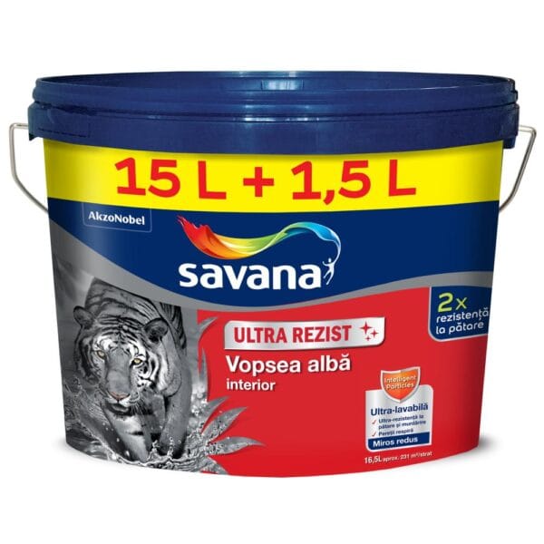 Vopsea ultralavabilă interior Savana Ultra Rezist, alb, 15 l + 1,5 l